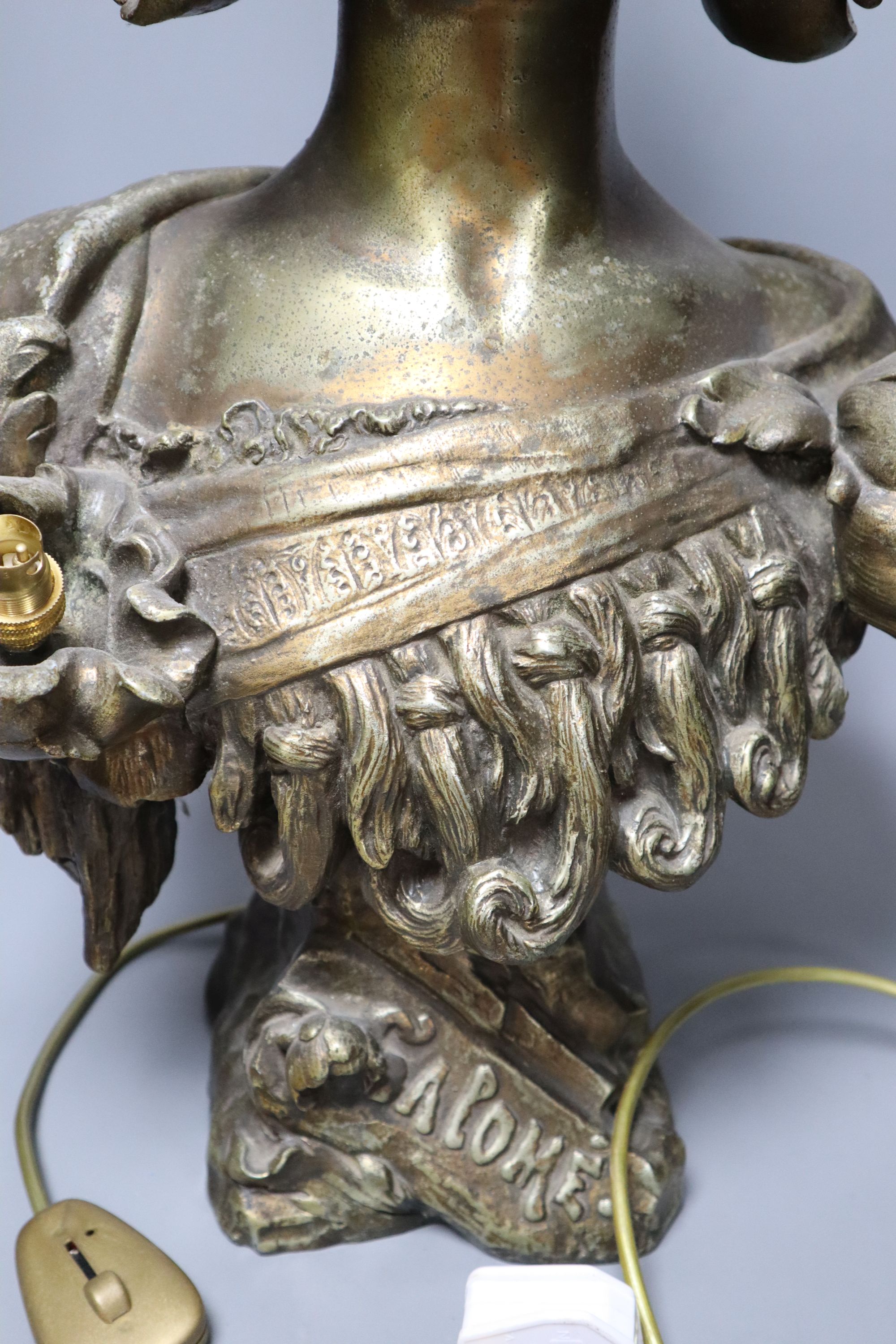 A bronze bust of a lady titled Alome, converted to a lamp, height 62cm